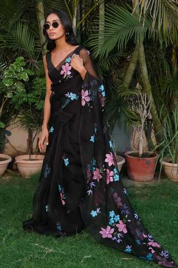 Shop_Meghstudio_Black Organza V-neck Serena Pure Saree With Blouse 