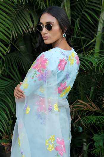 Buy_Meghstudio_Blue Organza V-neck Serena Floral Pure Saree With Blouse _Online_at_Aza_Fashions