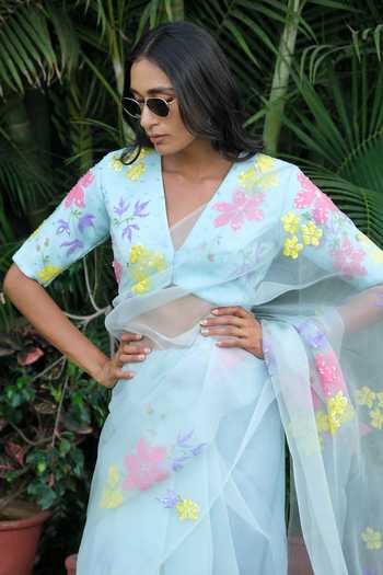 Shop_Meghstudio_Blue Organza V-neck Serena Floral Pure Saree With Blouse _Online_at_Aza_Fashions