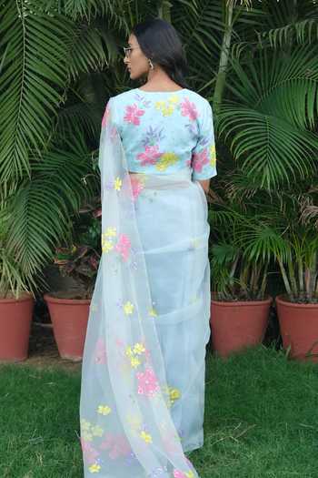 Shop_Meghstudio_Blue Organza V-neck Serena Floral Pure Saree With Blouse _at_Aza_Fashions