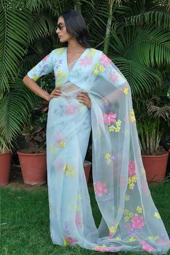 Meghstudio_Blue Organza V-neck Serena Floral Pure Saree With Blouse _at_Aza_Fashions