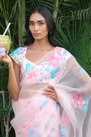 Meghstudio_Pink Organza V-neck Serena Pure Saree And Blouse Set _Online_at_Aza_Fashions