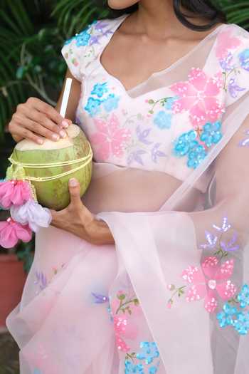 Buy_Meghstudio_Pink Organza V-neck Serena Pure Saree And Blouse Set _Online_at_Aza_Fashions