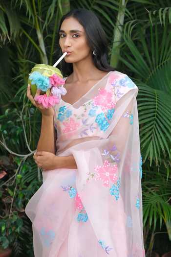 Shop_Meghstudio_Pink Organza V-neck Serena Pure Saree And Blouse Set _Online_at_Aza_Fashions