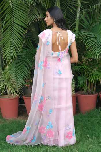 Shop_Meghstudio_Pink Organza V-neck Serena Pure Saree And Blouse Set _at_Aza_Fashions