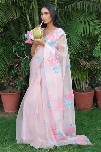 Meghstudio_Pink Organza V-neck Serena Pure Saree And Blouse Set _at_Aza_Fashions