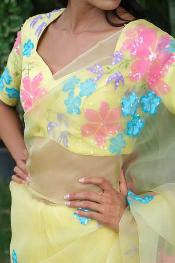 Meghstudio_Yellow Organza V-neck Serena Pure Saree And Blouse Set _Online_at_Aza_Fashions