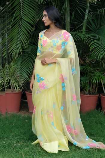 Buy_Meghstudio_Yellow Organza V-neck Serena Pure Saree And Blouse Set _Online_at_Aza_Fashions