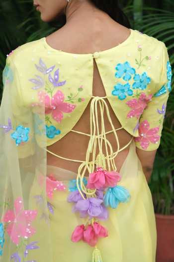 Shop_Meghstudio_Yellow Organza V-neck Serena Pure Saree And Blouse Set _Online_at_Aza_Fashions