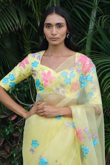 Meghstudio_Yellow Organza V-neck Serena Pure Saree And Blouse Set _at_Aza_Fashions