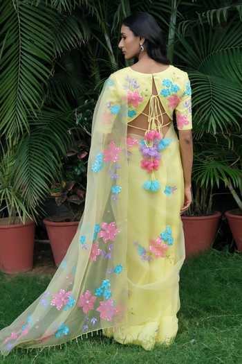 Shop_Meghstudio_Yellow Organza V-neck Serena Pure Saree And Blouse Set _at_Aza_Fashions