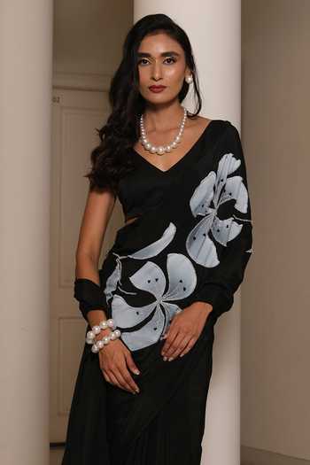 Shop_Meghstudio_Black Crepe Shanti Floral Motif Saree And Blouse Set _at_Aza_Fashions