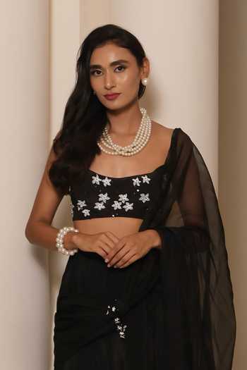 Shop_Meghstudio_Black Crepe Square Neck Zara Pre-draped Slit Saree With Embroidered Blouse _at_Aza_Fashions