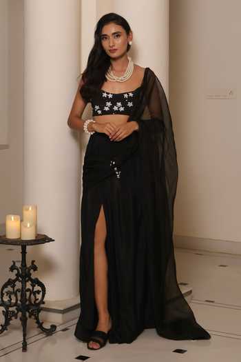 Buy_Meghstudio_Black Crepe Square Neck Zara Pre-draped Slit Saree With Embroidered Blouse _at_Aza_Fashions