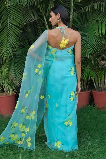 Shop_Meghstudio_Blue Organza Halter Neck Zariya Floral Hand Painted Saree With Blouse _at_Aza_Fashions