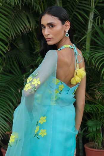 Meghstudio_Blue Organza Halter Neck Zariya Floral Hand Painted Saree With Blouse _Online_at_Aza_Fashions