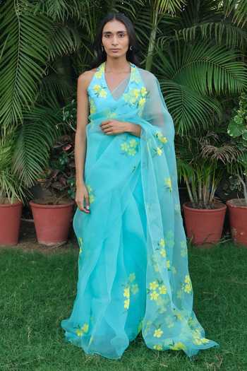 Buy_Meghstudio_Blue Organza Halter Neck Zariya Floral Hand Painted Saree With Blouse _Online_at_Aza_Fashions