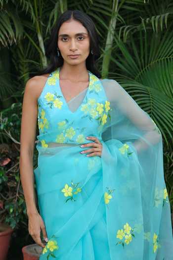 Shop_Meghstudio_Blue Organza Halter Neck Zariya Floral Hand Painted Saree With Blouse _Online_at_Aza_Fashions
