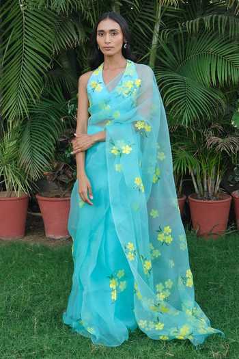 Meghstudio_Blue Organza Halter Neck Zariya Floral Hand Painted Saree With Blouse _at_Aza_Fashions