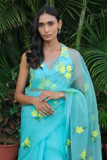 Buy_Meghstudio_Blue Organza Halter Neck Zariya Floral Hand Painted Saree With Blouse 