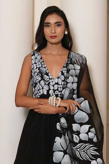 Shop_Meghstudio_Black Crepe V-neck Zoya Floral Print Anarkali With Dupatta _at_Aza_Fashions