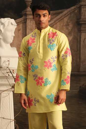 Buy_Meghstudio_Yellow Chanderi, Cotton Satin Serena Embroidered Kurta Set _at_Aza_Fashions