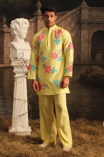 Shop_Meghstudio_Yellow Chanderi, Cotton Satin Serena Embroidered Kurta Set _at_Aza_Fashions
