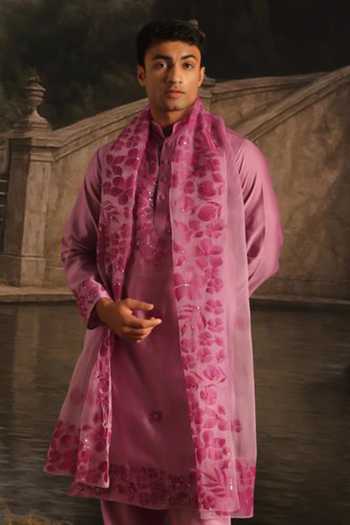 Shop_Meghstudio_Purple Chanderi, Cotton Satin, Organza Mehnaaz Embroidered Kurta Set _at_Aza_Fashions