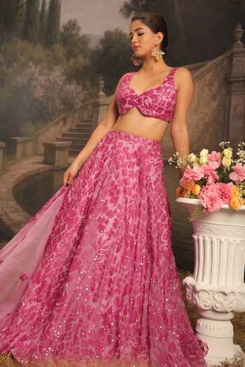 Shop_Meghstudio_Pink Organza, Net Sweetheart Neck Mehnaaz Embellished Lehenga Set _Online_at_Aza_Fashions