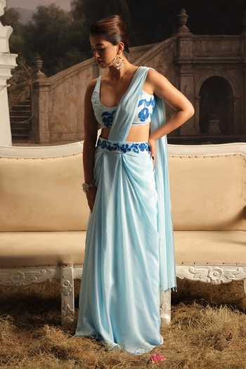 Buy_Meghstudio_Blue Crepe Scoop Neck Noor Pre-draped Saree With Embellished Blouse _at_Aza_Fashions