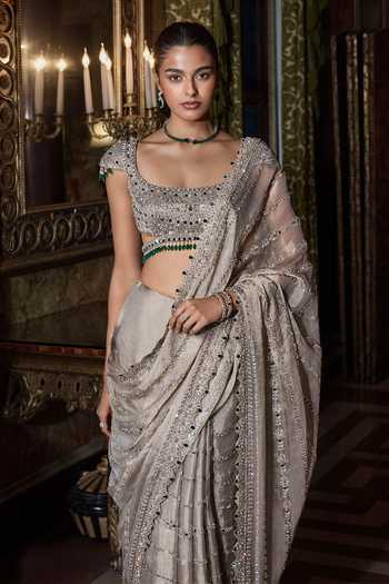 Buy_Seema Gujral_Silver Organza, Tissue, Silk Scoop Champagne Emerald Crystal Saree With Blouse _Online_at_Aza_Fashions