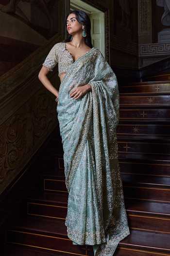 Seema Gujral_Green Organza, Tissue, Silk V-neck Ivory Sage Zardozi Saree With Blouse _Online_at_Aza_Fashions
