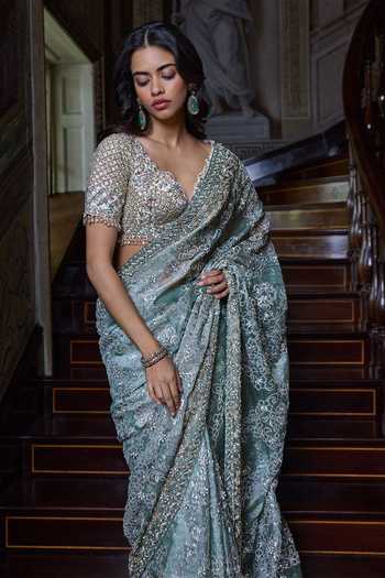 Buy_Seema Gujral_Green Organza, Tissue, Silk V-neck Ivory Sage Zardozi Saree With Blouse _Online_at_Aza_Fashions