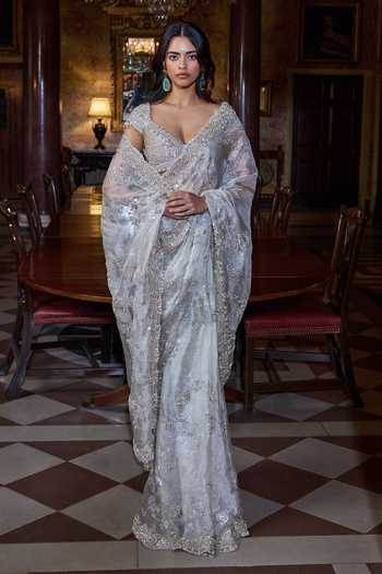 Shop_Seema Gujral_Silver Organza, Tissue, Silk V-neck Champagne Zardozi Saree With Blouse _Online_at_Aza_Fashions