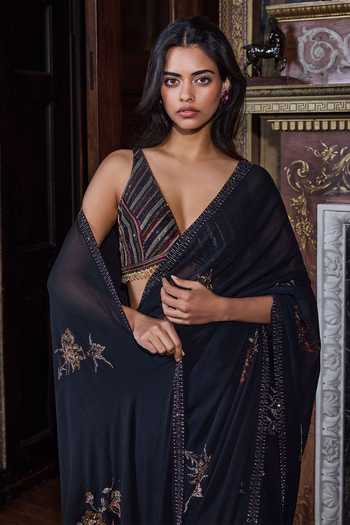 Seema Gujral_Black Georgette Plunge Neck Crystal Saree With Blouse _Online_at_Aza_Fashions