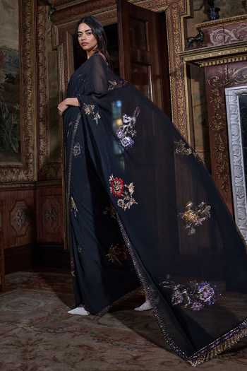 Buy_Seema Gujral_Black Georgette Plunge Neck Crystal Saree With Blouse _Online_at_Aza_Fashions