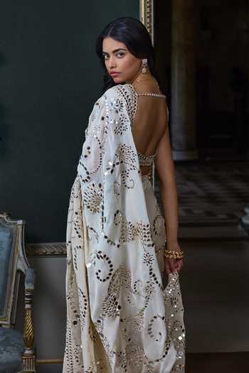 Shop_Seema Gujral_Beige Georgette, Silk Sweetheart Neck Mirror Work Saree With Blouse _at_Aza_Fashions