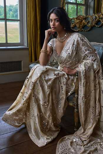 Buy_Seema Gujral_Beige Georgette, Silk Sweetheart Neck Mirror Work Saree With Blouse _Online_at_Aza_Fashions