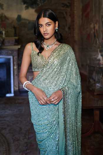Buy_Seema Gujral_Green Georgette, Silk Sweetheart Neck Moss Sequin Saree With Blouse _Online_at_Aza_Fashions