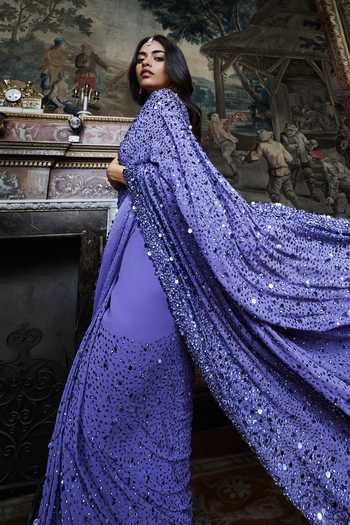 Shop_Seema Gujral_Purple Georgette, Silk Plunge Neck Mauve Sequin Saree With Blouse _at_Aza_Fashions