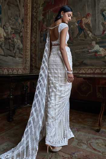 Shop_Seema Gujral_Ivory Net Square Neck Slate Stripe Saree With Blouse _at_Aza_Fashions