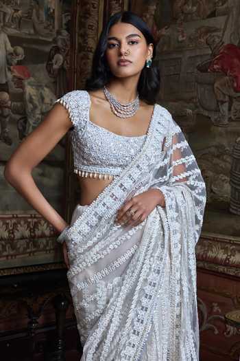 Seema Gujral_Ivory Net Square Neck Slate Stripe Saree With Blouse _Online_at_Aza_Fashions