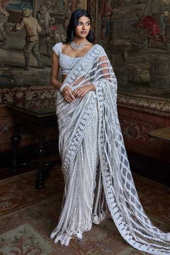 Buy_Seema Gujral_Ivory Net Square Neck Slate Stripe Saree With Blouse _Online_at_Aza_Fashions