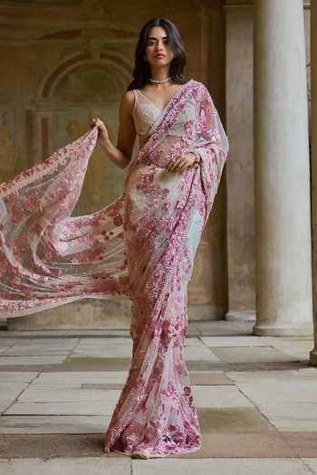 Seema Gujral_Pink Net Plunge Neck Pastel Thread Work Saree With Blouse _Online_at_Aza_Fashions
