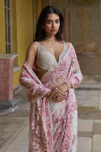 Buy_Seema Gujral_Pink Net Plunge Neck Pastel Thread Work Saree With Blouse _Online_at_Aza_Fashions