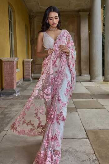 Shop_Seema Gujral_Pink Net Plunge Neck Pastel Thread Work Saree With Blouse _Online_at_Aza_Fashions