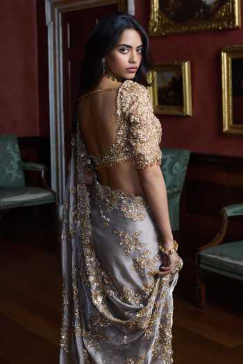 Shop_Seema Gujral_Gold Organza, Tissue, Silk V-neck Gun Metal Sequin Saree With Blouse _at_Aza_Fashions