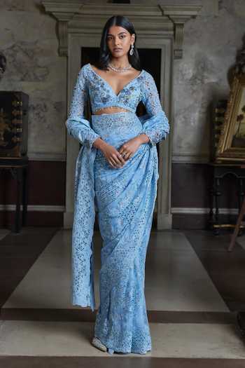 Seema Gujral_Blue Net Plunge Neck Powder Thread Work Saree With Blouse _Online_at_Aza_Fashions