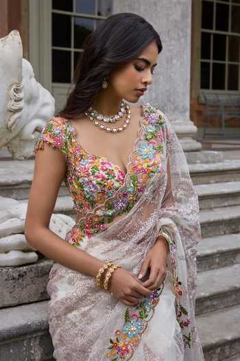 Seema Gujral_Beige Net Sweetheart Neck Floral Embroidered Saree With Blouse _Online_at_Aza_Fashions