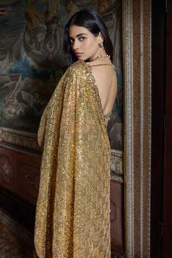 Shop_Seema Gujral_Gold Net Sweetheart Neck Antique Crystal Saree With Blouse _at_Aza_Fashions